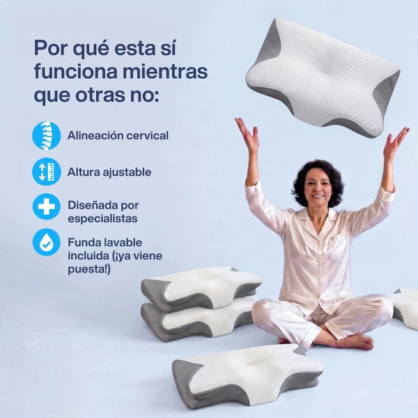 Varias almohadas apiladas y una persona lanzando una al aire